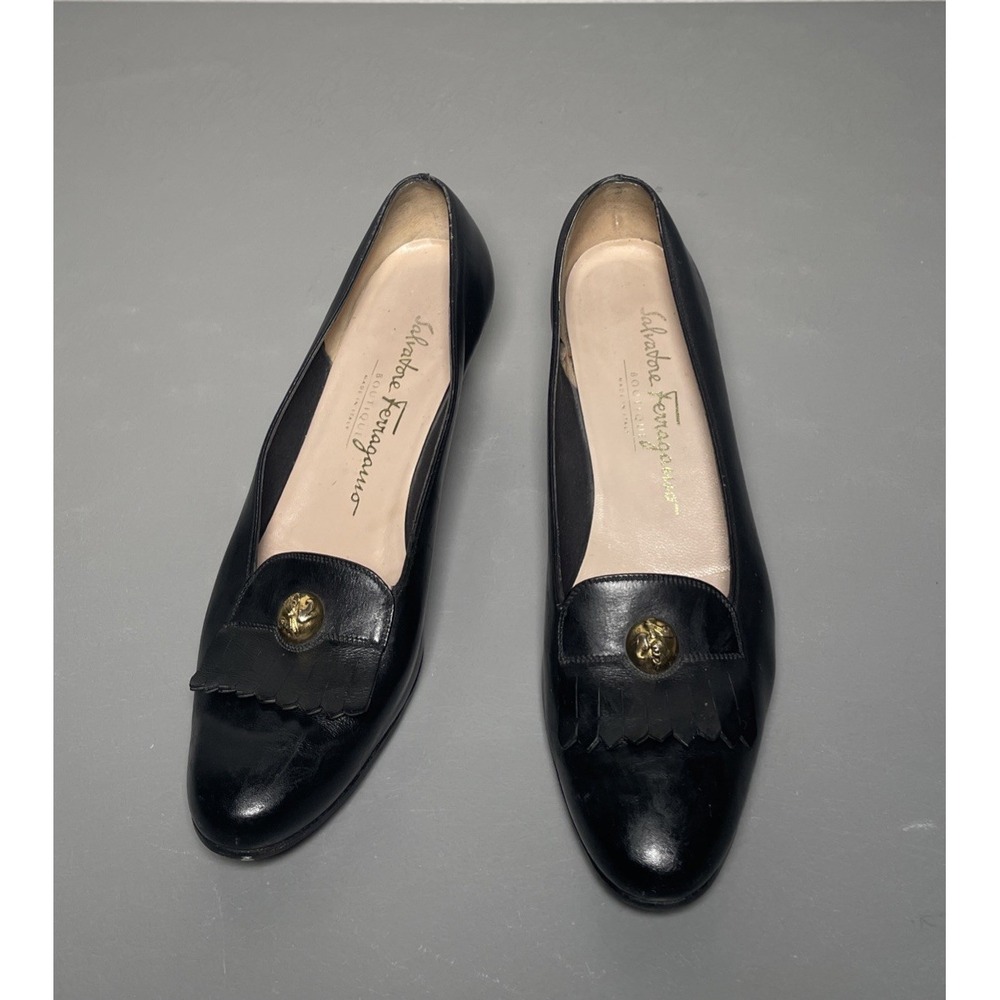 Vintage Salvatore Ferragamo Black Leather Kiltie Fringe Loafer Pumps Size 6.5 AA